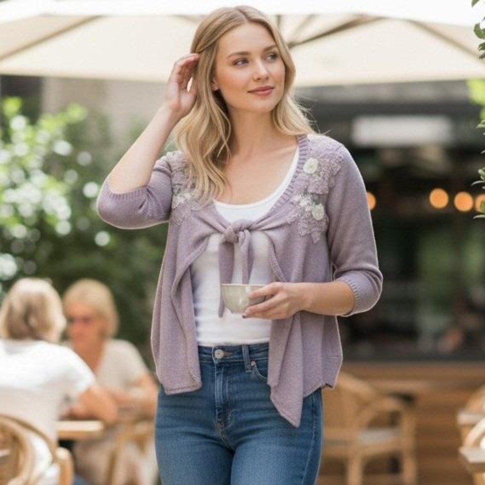 Anthropologie Field Flower Cardigan Sweater Womens XS Purple Embroidered Wool